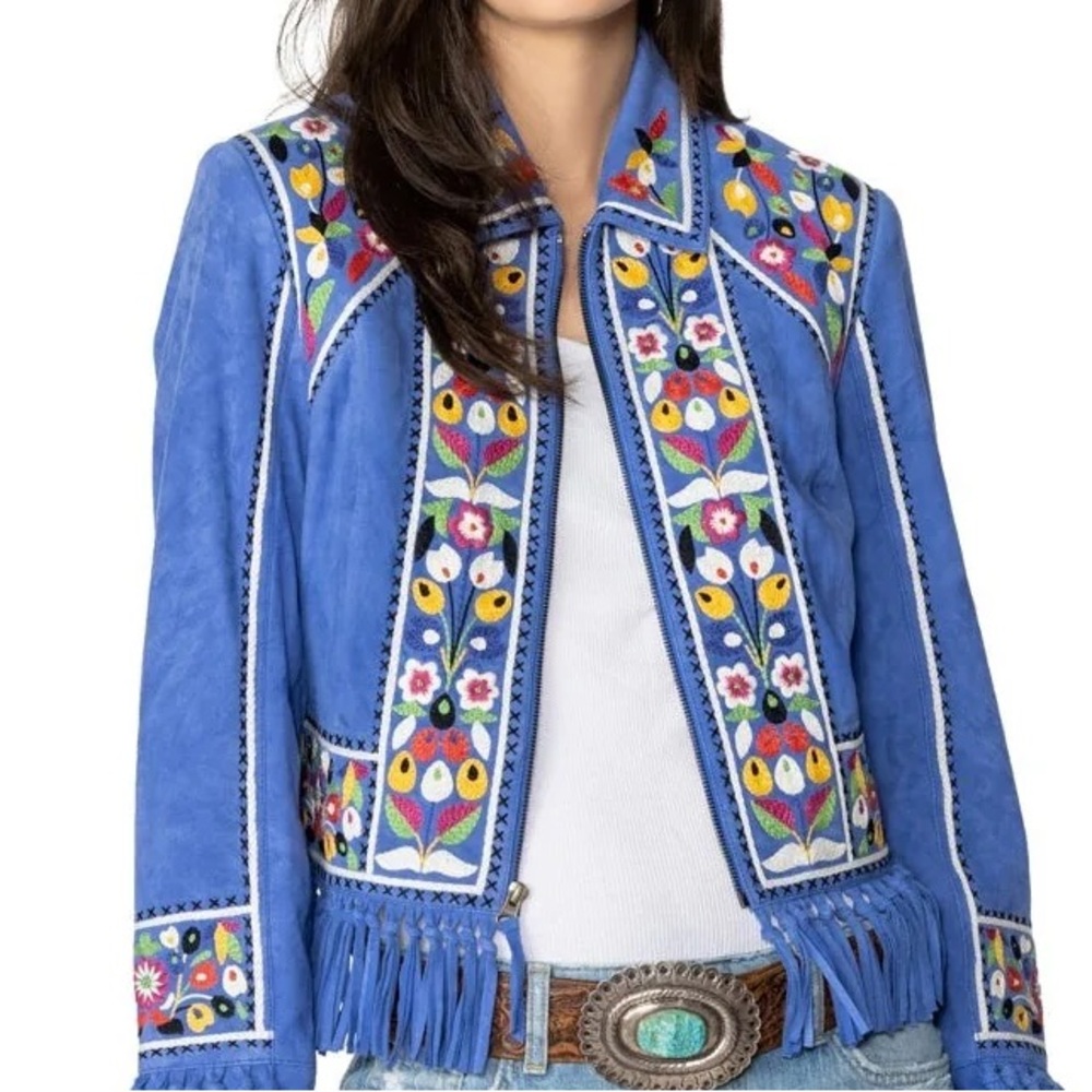 Double D Ranch Justyna heavily embroidered fringed suede jacket NWT - Picture 9 of 12